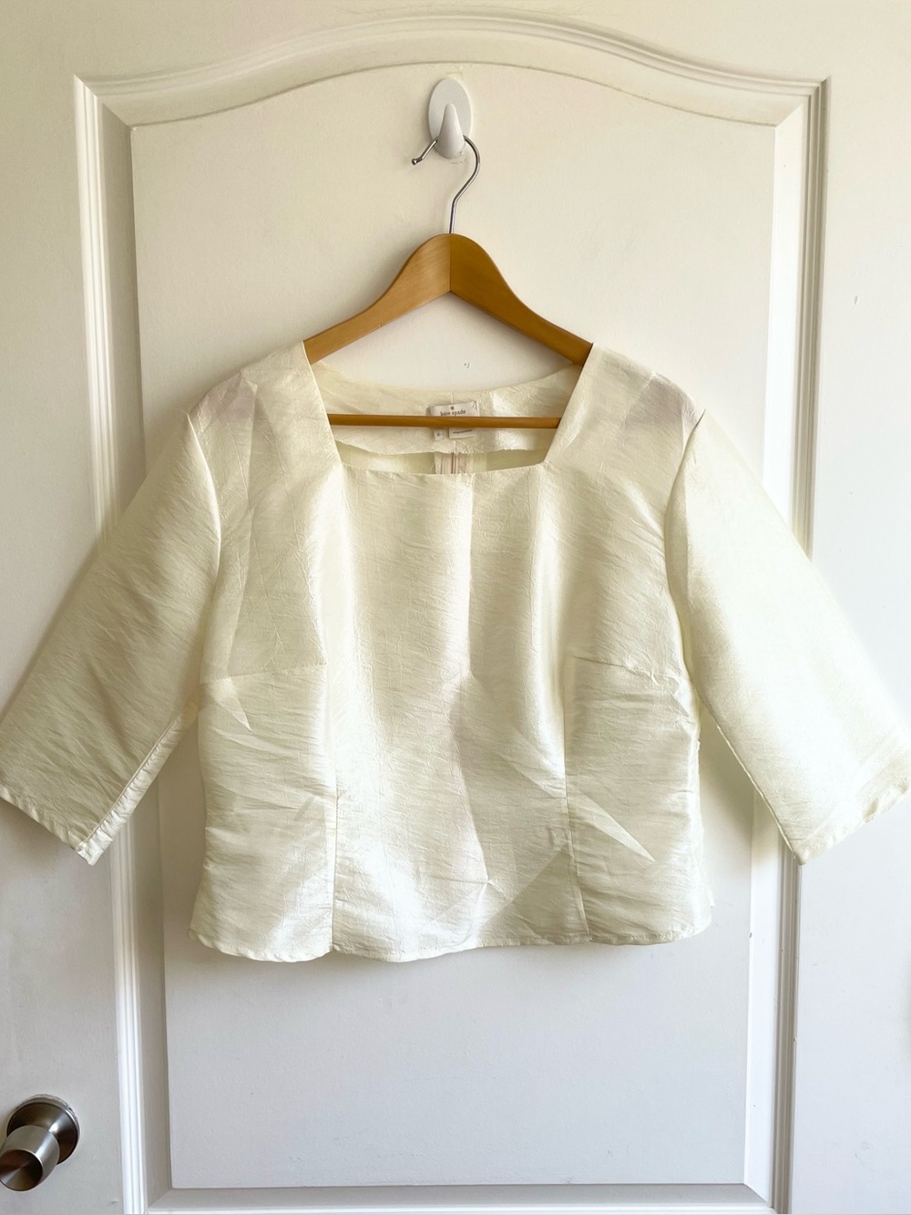 Kate Spade Taffeta Silk Square Neck Blouse Size 6 Cream Vintage Style 3/4 Sleeve